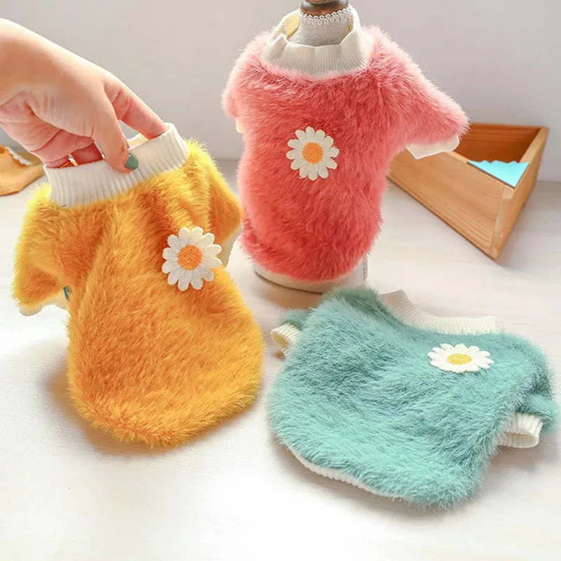 Cute Plush Round Neck Warm Winter Flowers Sweater - Soft Thicken Dog Clothes for Small and Medium Dogs, Puppy, and Cats - Keep Your Pets Cozy with Stylish Winter Coat Clothing