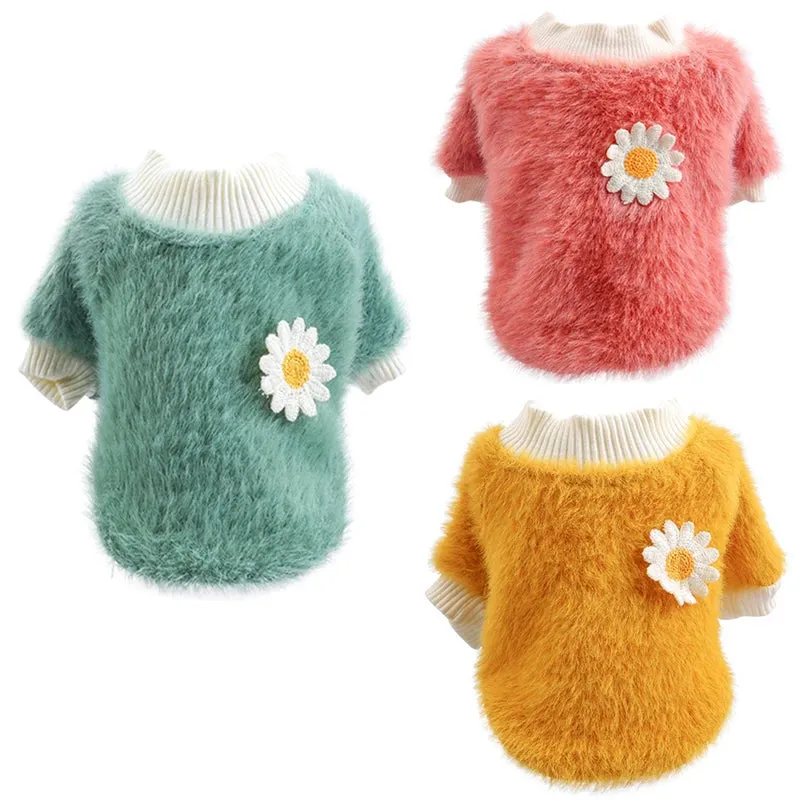 Cute Plush Round Neck Warm Winter Flowers Sweater - Soft Thicken Dog Clothes for Small and Medium Dogs, Puppy, and Cats - Keep Your Pets Cozy with Stylish Winter Coat Clothing