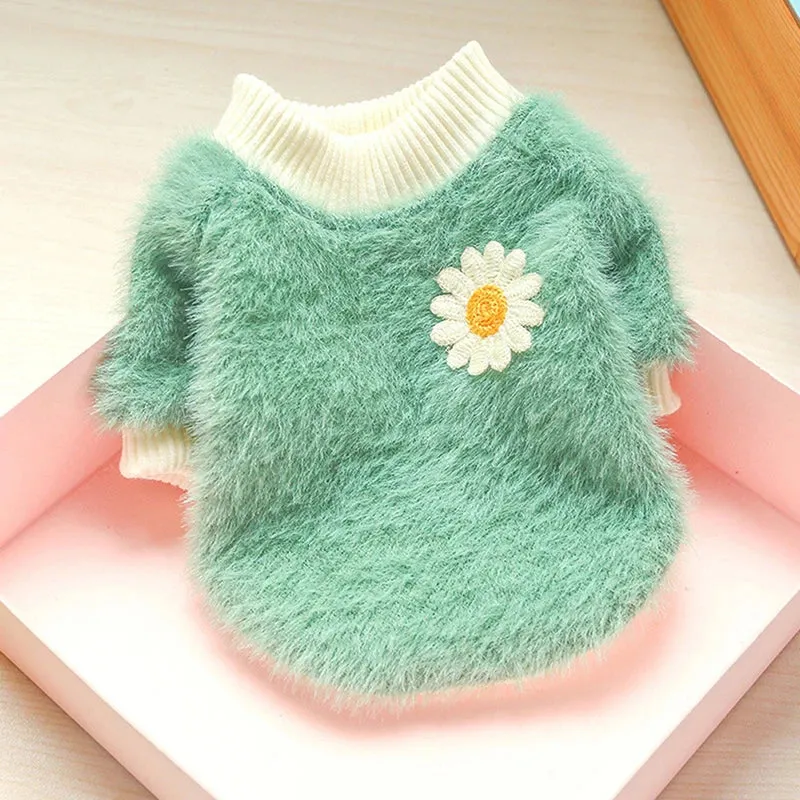 Cute Plush Round Neck Warm Winter Flowers Sweater - Soft Thicken Dog Clothes for Small and Medium Dogs, Puppy, and Cats - Keep Your Pets Cozy with Stylish Winter Coat Clothing