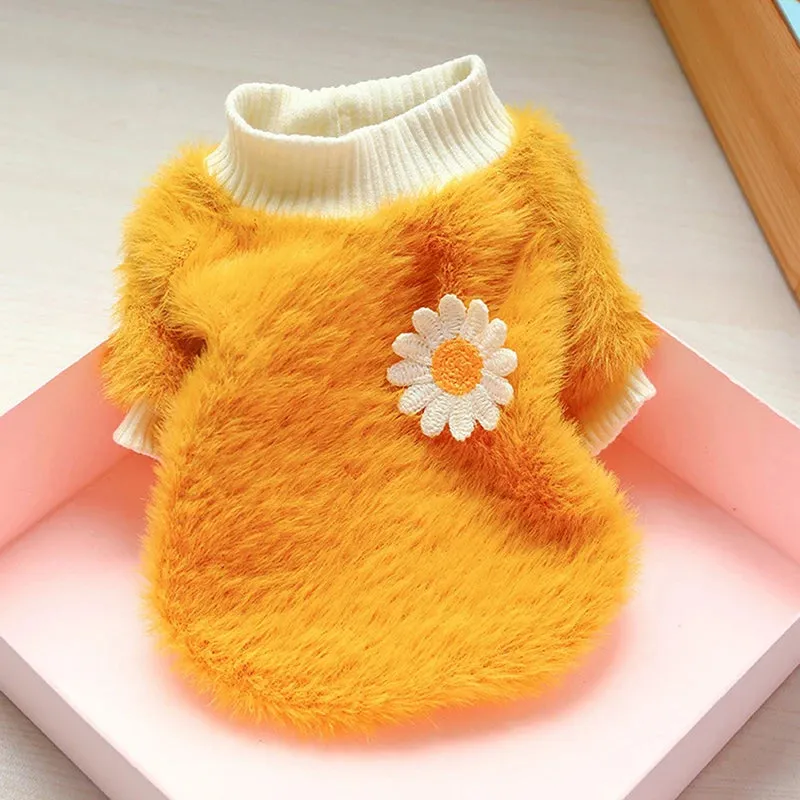 Cute Plush Round Neck Warm Winter Flowers Sweater - Soft Thicken Dog Clothes for Small and Medium Dogs, Puppy, and Cats - Keep Your Pets Cozy with Stylish Winter Coat Clothing