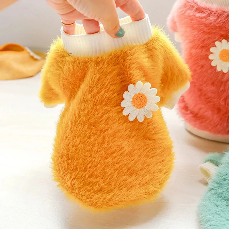 Cute Plush Round Neck Warm Winter Flowers Sweater - Soft Thicken Dog Clothes for Small and Medium Dogs, Puppy, and Cats - Keep Your Pets Cozy with Stylish Winter Coat Clothing