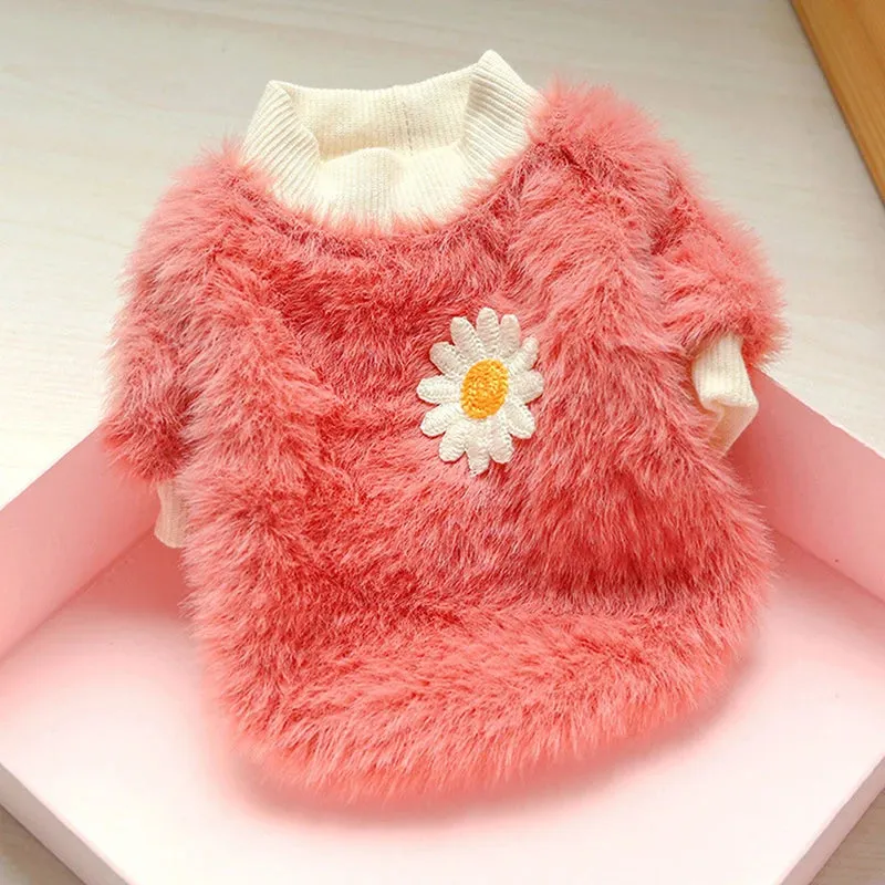 Cute Plush Round Neck Warm Winter Flowers Sweater - Soft Thicken Dog Clothes for Small and Medium Dogs, Puppy, and Cats - Keep Your Pets Cozy with Stylish Winter Coat Clothing
