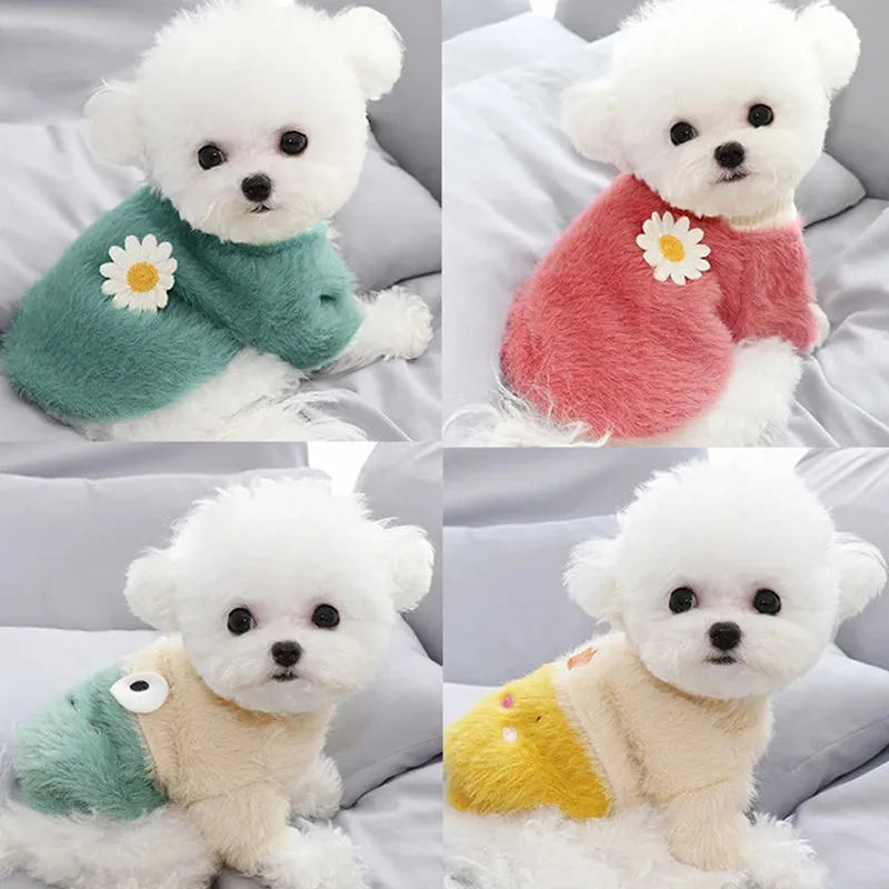 Cute Plush Round Neck Warm Winter Flowers Sweater - Soft Thicken Dog Clothes for Small and Medium Dogs, Puppy, and Cats - Keep Your Pets Cozy with Stylish Winter Coat Clothing