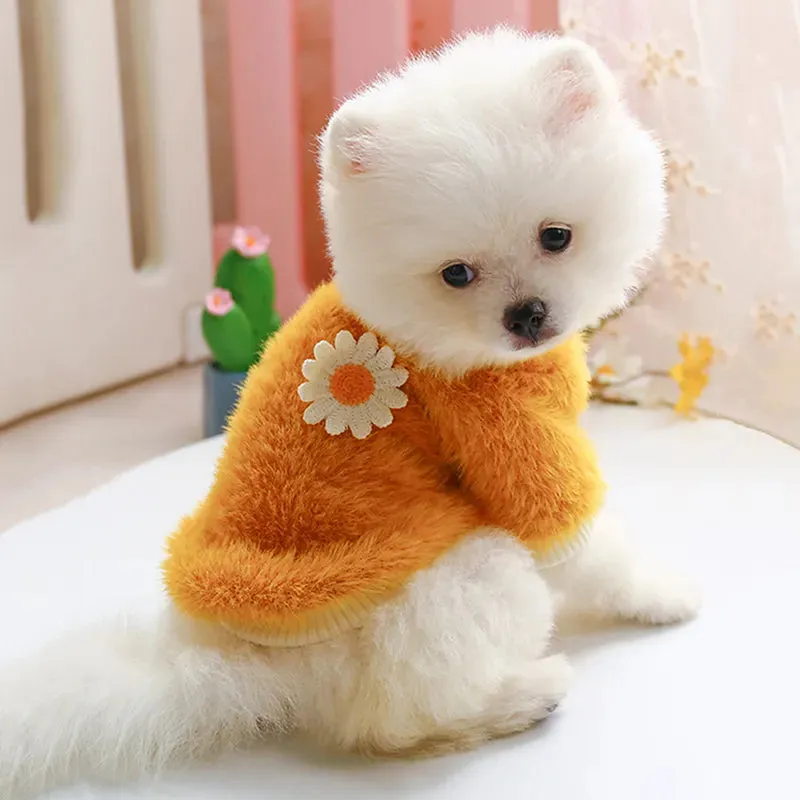 Cute Plush Round Neck Warm Winter Flowers Sweater - Soft Thicken Dog Clothes for Small and Medium Dogs, Puppy, and Cats - Keep Your Pets Cozy with Stylish Winter Coat Clothing