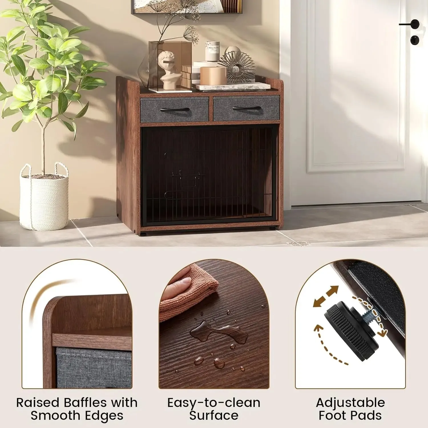 Dog Crate Furniture - Wooden Dog Cage End Table with 2 Storage Drawers, Latched Door, Pet House Dog Kennel Indoor