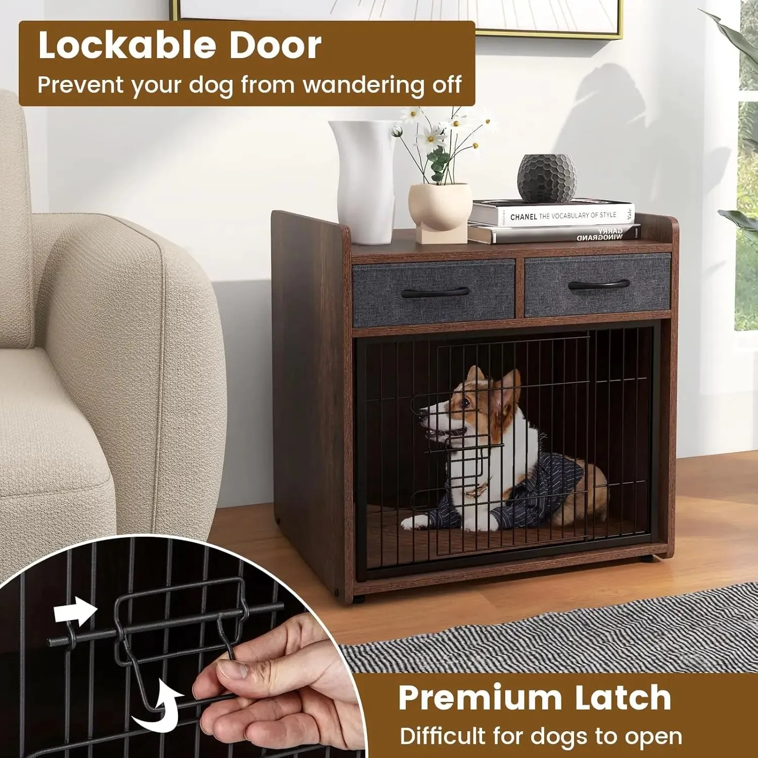 Dog Crate Furniture - Wooden Dog Cage End Table with 2 Storage Drawers, Latched Door, Pet House Dog Kennel Indoor