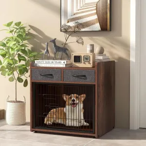 Dog Crate Furniture - Wooden Dog Cage End Table with 2 Storage Drawers, Latched Door, Pet House Dog Kennel Indoor