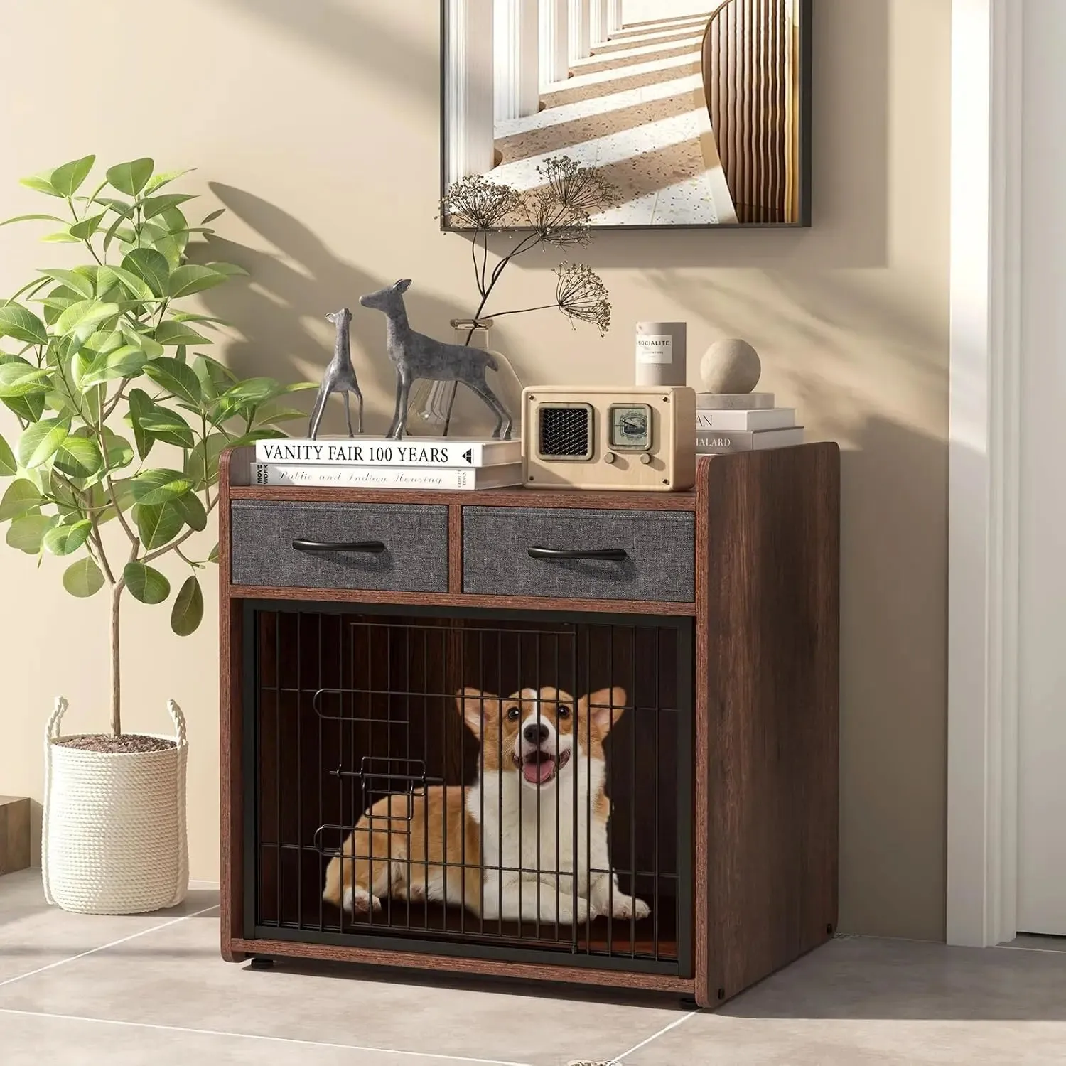 Dog Crate Furniture - Wooden Dog Cage End Table with 2 Storage Drawers, Latched Door, Pet House Dog Kennel Indoor