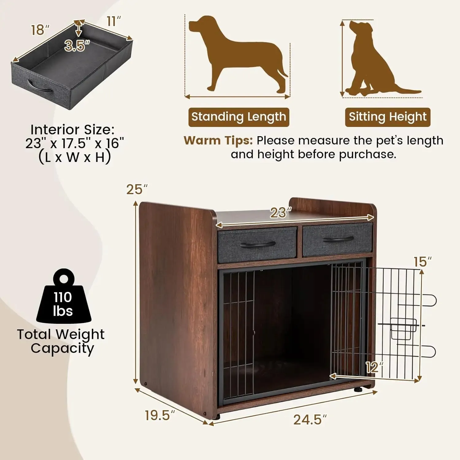 Dog Crate Furniture - Wooden Dog Cage End Table with 2 Storage Drawers, Latched Door, Pet House Dog Kennel Indoor